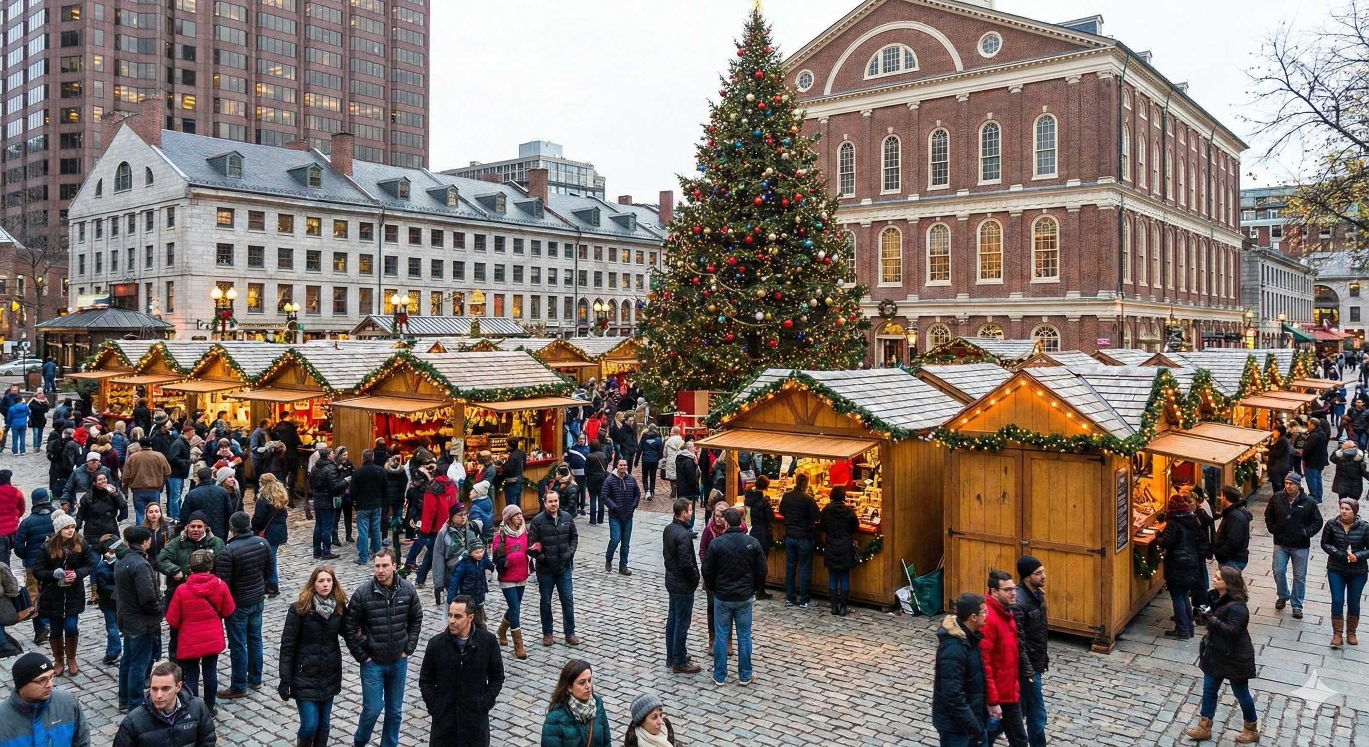 Holiday market at Faneuil Hall Marketplace in Boston with festive decorations