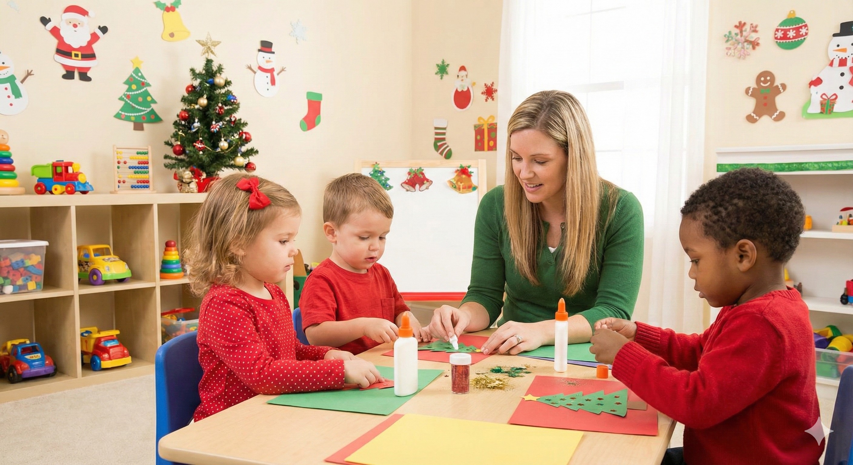 Professional HavenFlex childcare provider helping children with holiday crafts