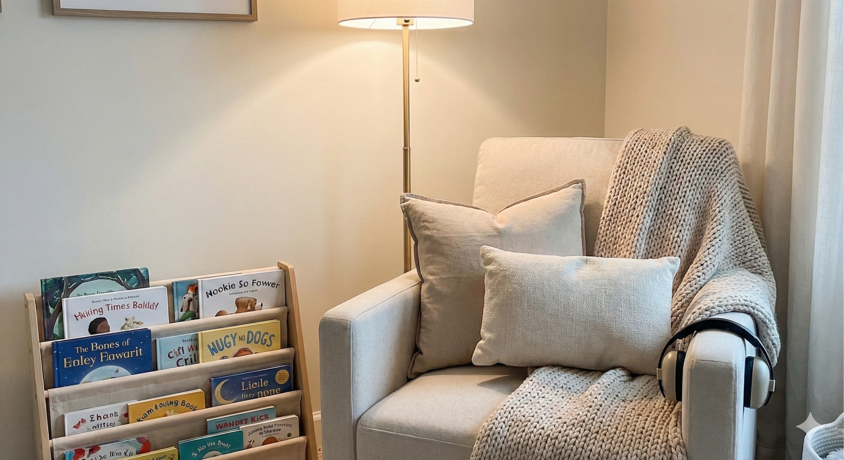 Cozy quiet corner setup with pillows, soft lighting, books, and headphones - perfect for quiet time during school vacation week