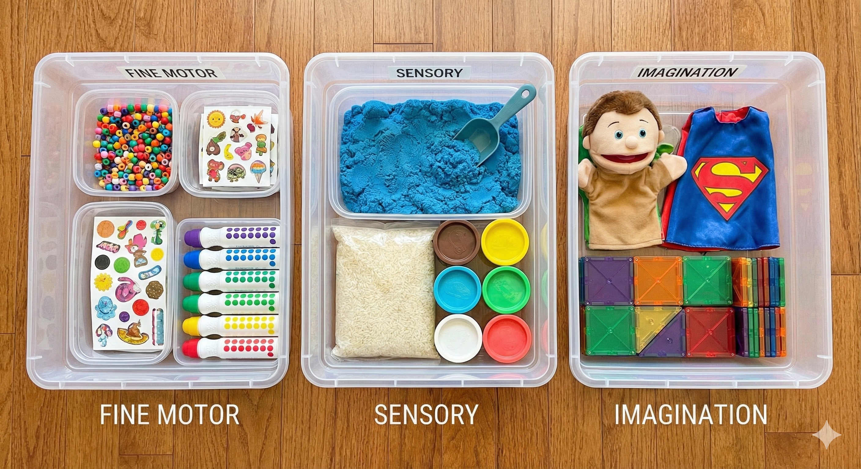 Three rotation bins showing fine motor activities (stickers, dot markers, beads), sensory activities (kinetic sand, rice, play-dough), and imagination activities (puppets, dress-up, magnetic tiles)